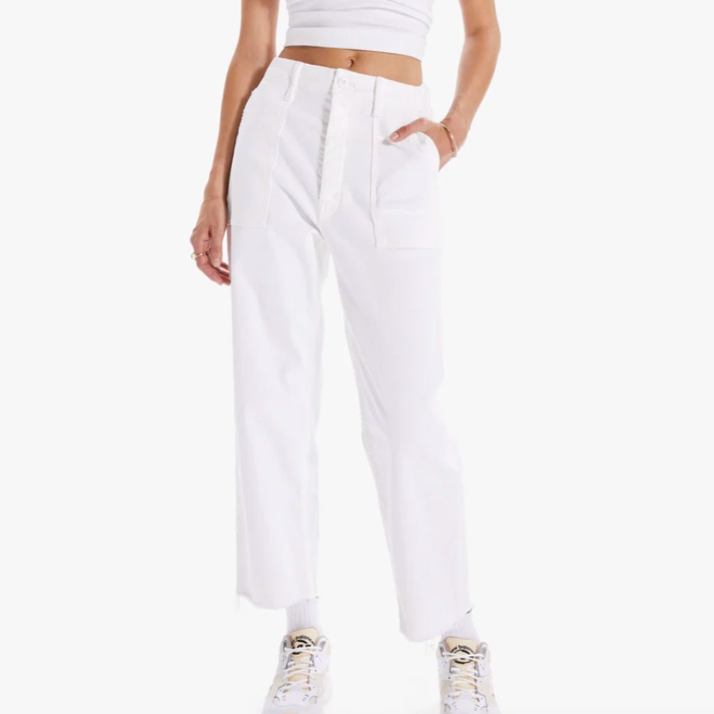 Mother Patch Pocket Private Ankle Fray In Fairest Of Them All White Jeans